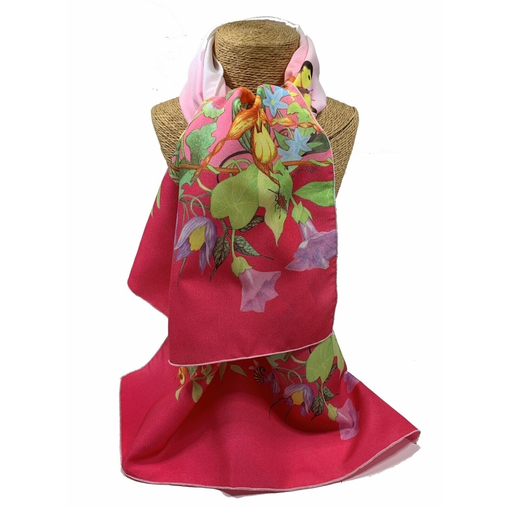 Vintage Pink Scarf Floral Butterfly Motif Long Narrow Ombre Garden Signed